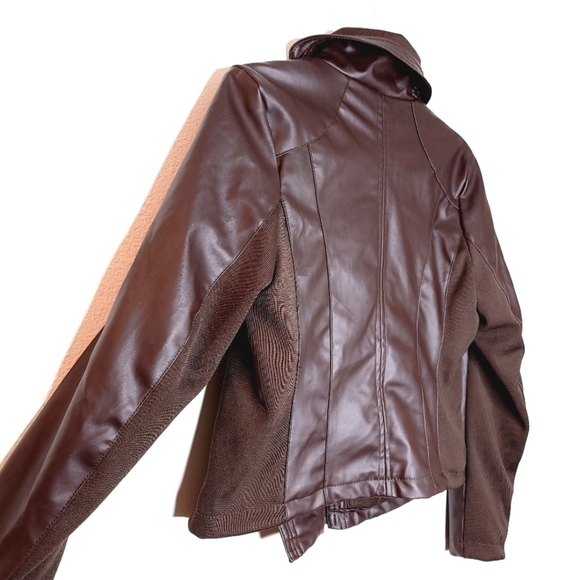 THERAPY women's m faux leather vegan friendly brown asymmetrical zipper jacket - Picture 9 of 12